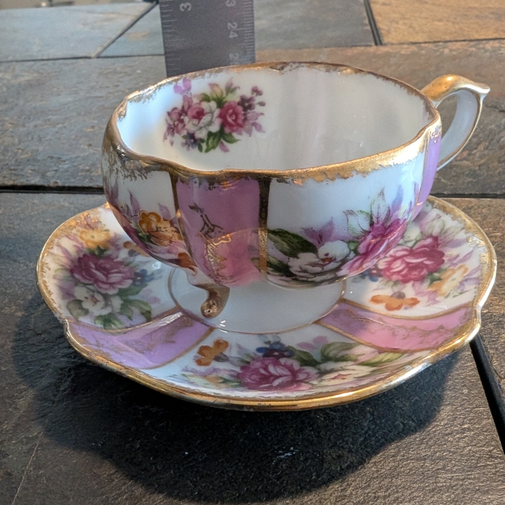 Vintage Mid Century Napco Footed Pink Floral Gold-Trimmed Teacup and Saucer Set
